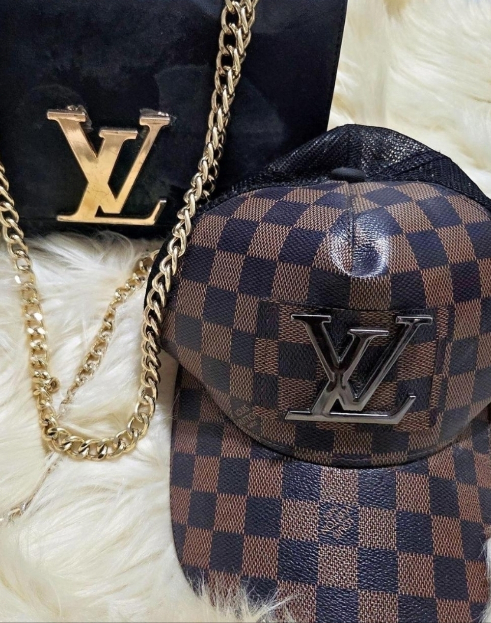 Louis Vuitton Brown Check Baseball Cap with Metal LV Logo